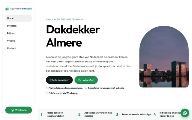 Screenshot van de homepage van Weerwater Dakwerk