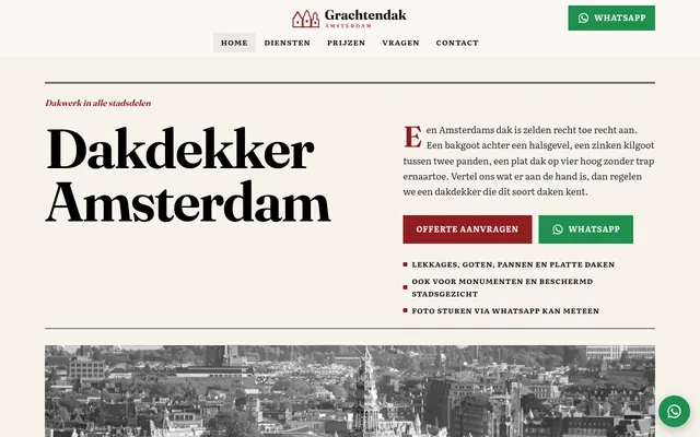 Screenshot van de homepage van Grachtendak Amsterdam