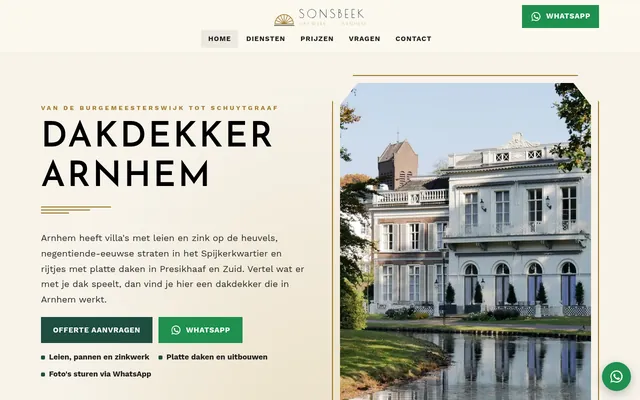 Screenshot van de homepage van Dakdekker Arnhem