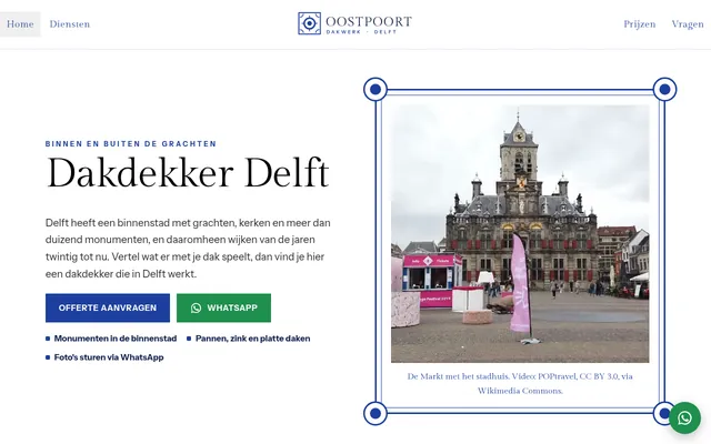 Screenshot van de homepage van Dakdekker Delft
