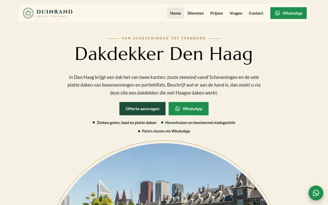 Screenshot van de homepage van Duinrand Daken