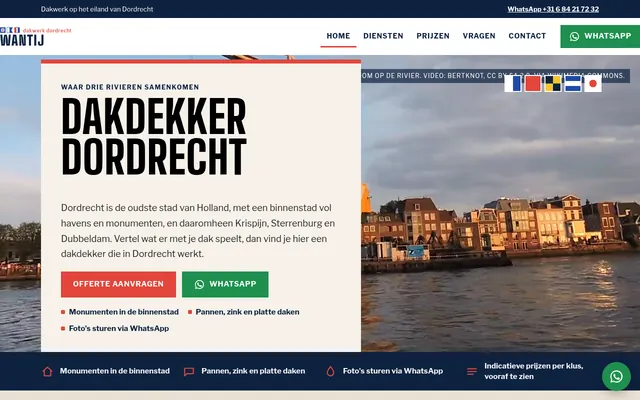 Screenshot van de homepage van Dakdekker Dordrecht