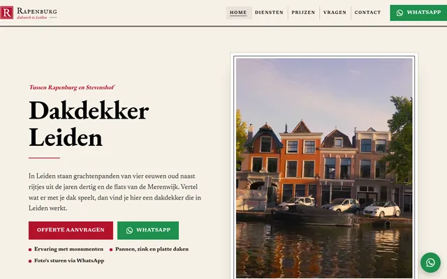 Screenshot van de homepage van Dakdekker Leiden