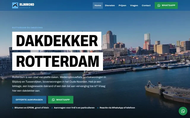 Screenshot van de homepage van Rijnmond Dakhulp