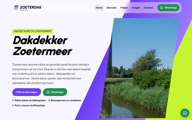 Screenshot van de homepage van Dakdekker Zoetermeer