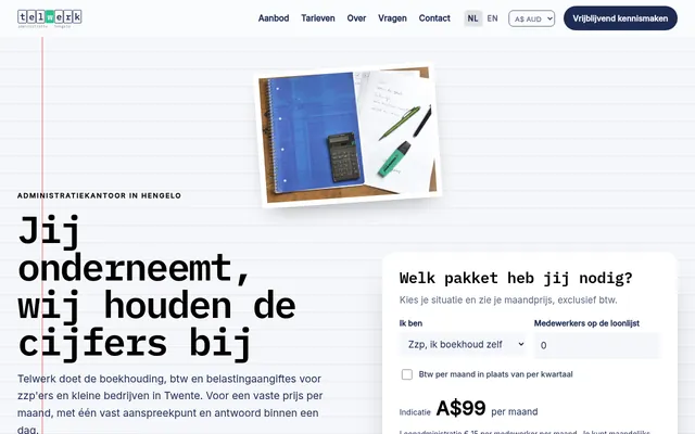 Screenshot van de homepage van Telwerk Administratie