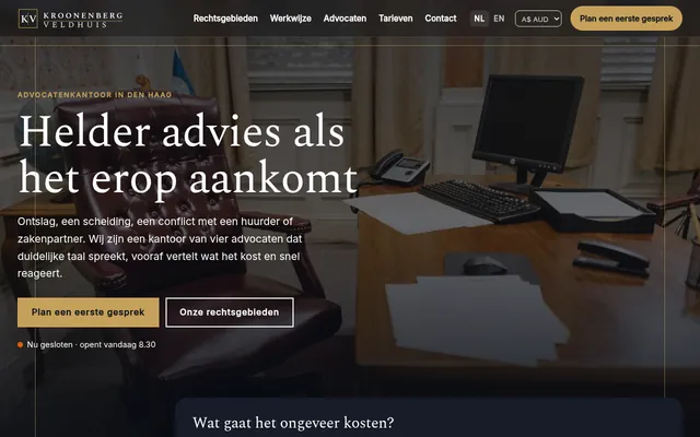 Screenshot van de homepage van Kroonenberg Veldhuis Advocaten
