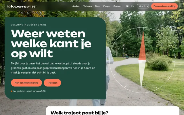 Screenshot van de homepage van Koerswijzer Coaching