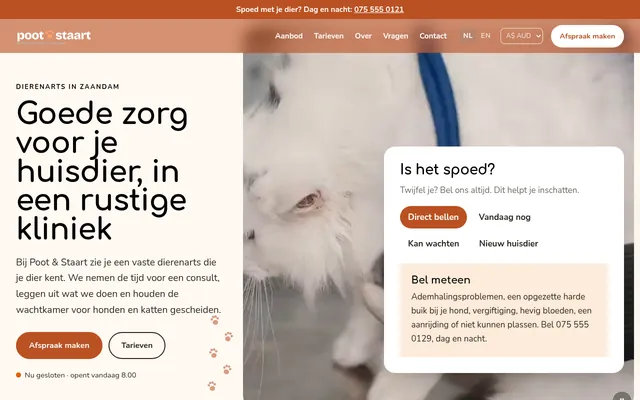 Screenshot van de homepage van Dierenkliniek Poot & Staart