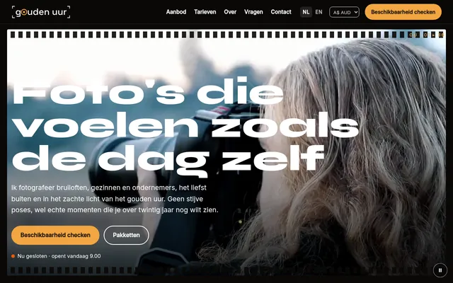 Screenshot van de homepage van Fotografie Gouden Uur