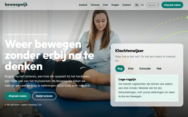 Screenshot van de homepage van Fysio Beweegwijs