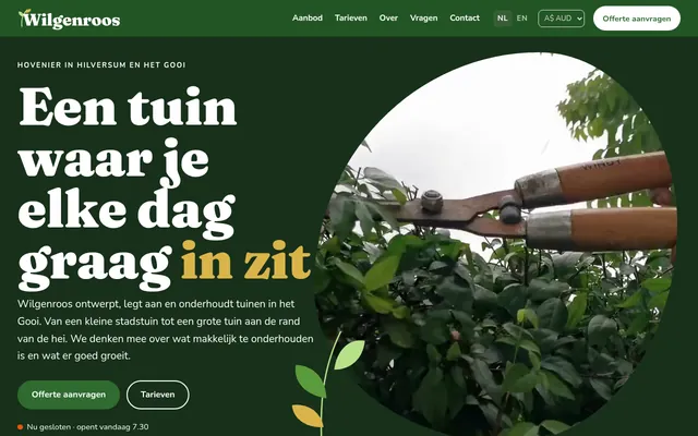 Screenshot van de homepage van Hoveniersbedrijf Wilgenroos