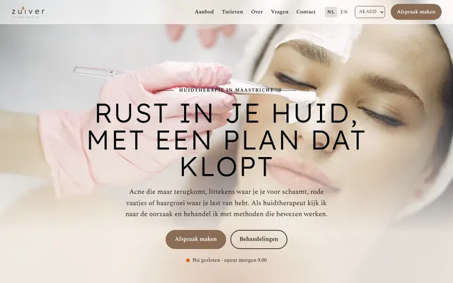 Screenshot van de homepage van Huidpraktijk Zuiver