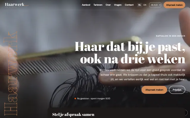 Screenshot van de homepage van Haarwerk aan de Haven