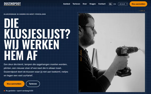 Screenshot van de homepage van Klusbedrijf Duizendpoot