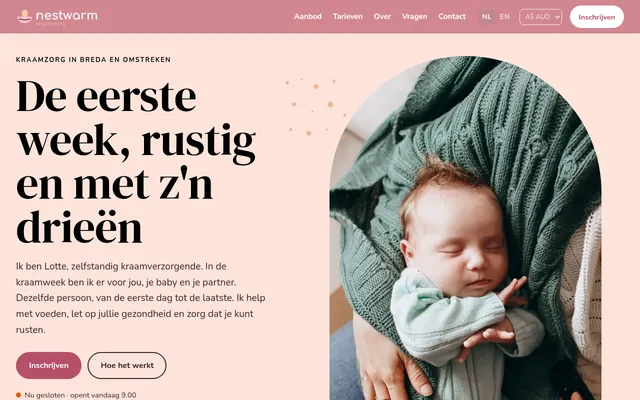 Screenshot van de homepage van Kraamzorg Nestwarm