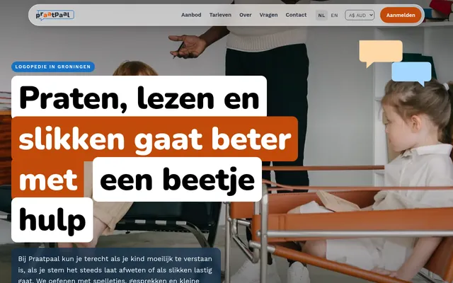 Screenshot van de homepage van Logopedie Praatpaal