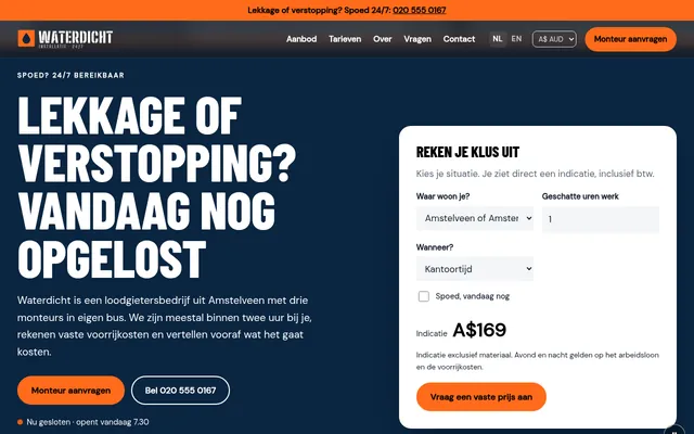 Screenshot van de homepage van Waterdicht Installatie