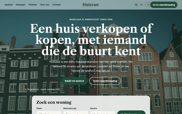 Screenshot van de homepage van Huisvast Makelaardij