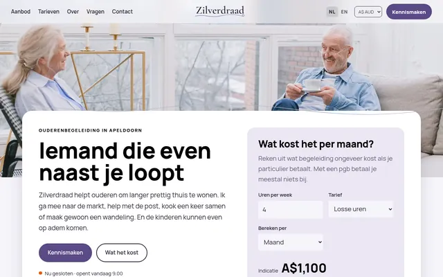 Screenshot van de homepage van Zilverdraad