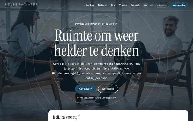 Screenshot van de homepage van Praktijk Helder Water