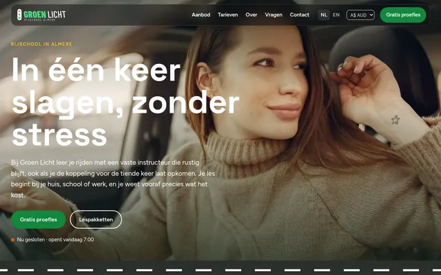 Screenshot van de homepage van Rijschool Groen Licht