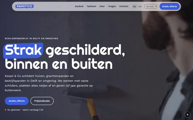 Screenshot van de homepage van Schildersbedrijf Kwast & Co