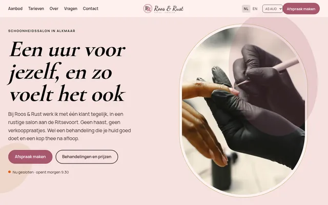 Screenshot van de homepage van Salon Roos & Rust