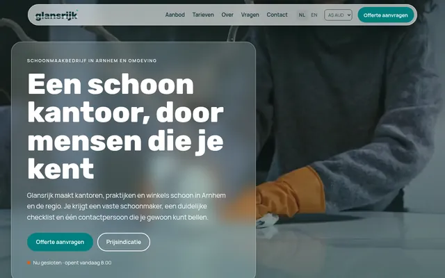 Screenshot van de homepage van Glansrijk Schoonmaak