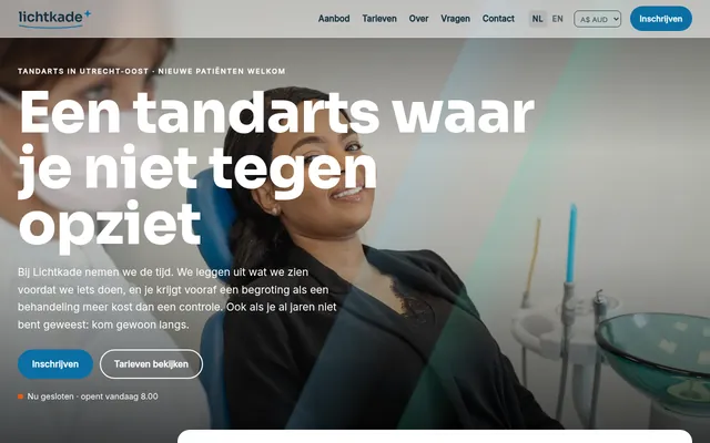 Screenshot van de homepage van Tandartspraktijk Lichtkade