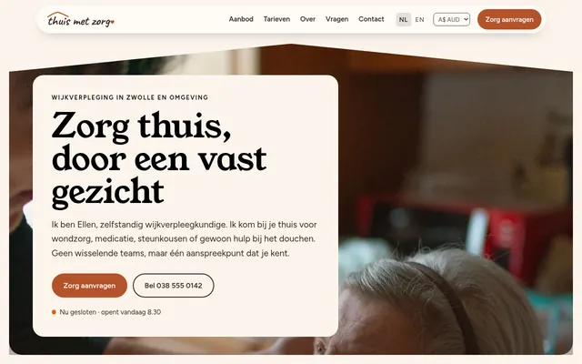 Screenshot van de homepage van Thuis met Zorg