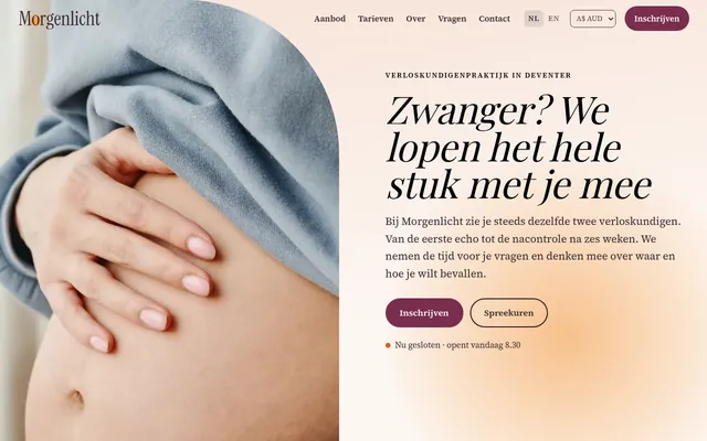 Screenshot van de homepage van Verloskundige Morgenlicht