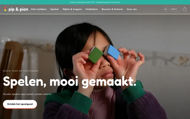 Screenshot van de homepage van Pip & Pion