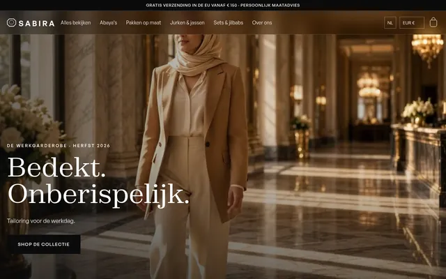 Screenshot van de homepage van Sabira