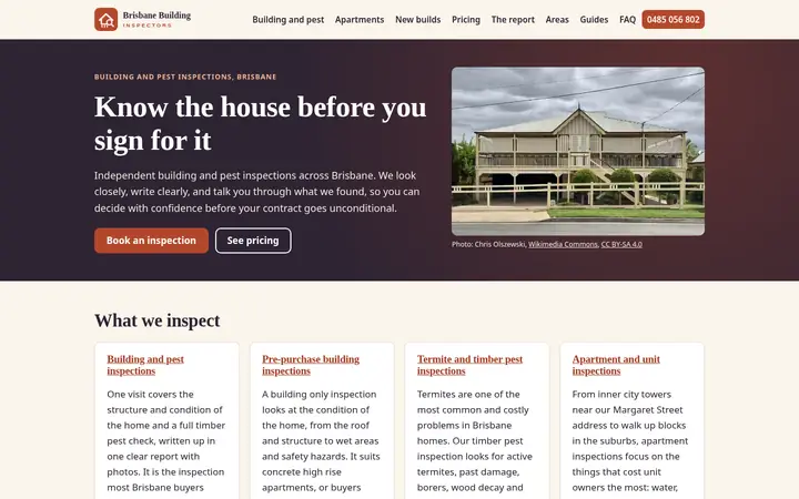 Parte superior de la página de inicio del sitio web Brisbane Building Inspectors
