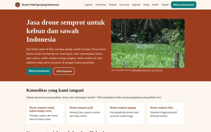 Top of the dronefieldspraying.id homepage