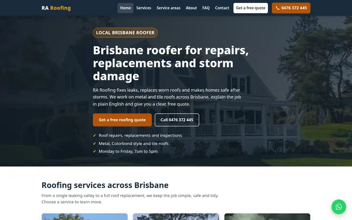 Top of the RA Roofing website homepage on desktop