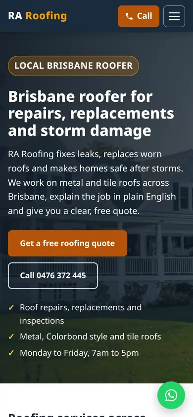 Top of the RA Roofing website homepage on a phone