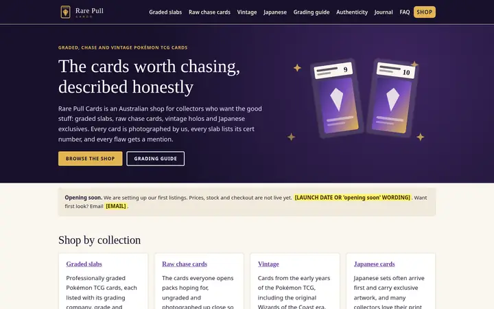 Top of the Rare Pull Cards website homepage on desktop
