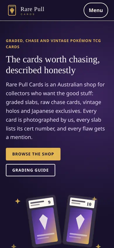 Top of the Rare Pull Cards website homepage on a phone