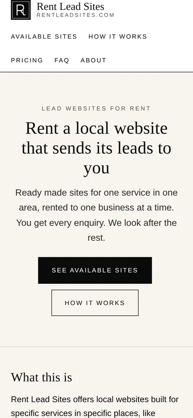 Top of the Rent Lead Sites website homepage on a phone