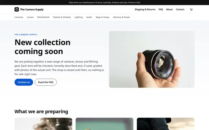 Top of the The Camera Supply website homepage on desktop