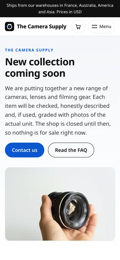 Top of the The Camera Supply website homepage on a phone