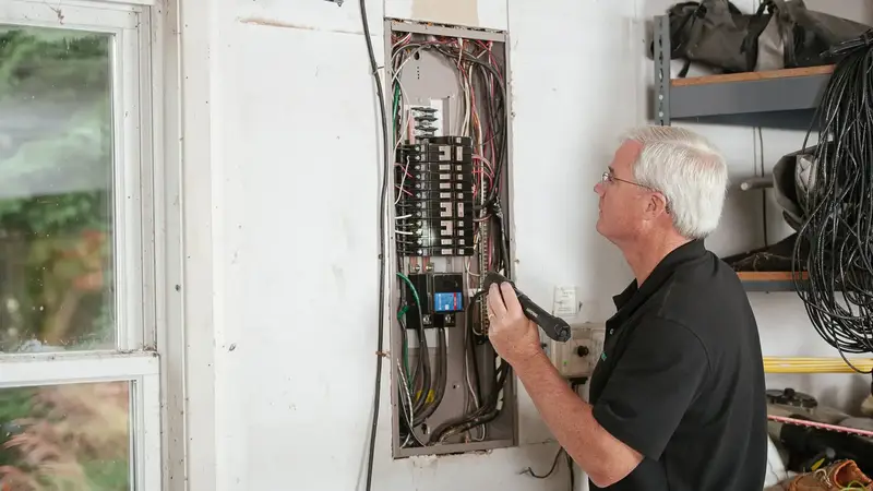 Elektricien werkt aan een open zekeringkast