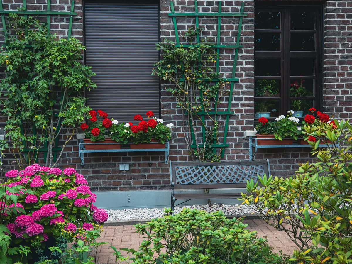 Bakstenen rijwoning met bloembakken en hortensia’s