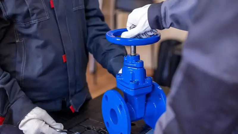 Plumber in gloves turning the wheel on a blue water valve