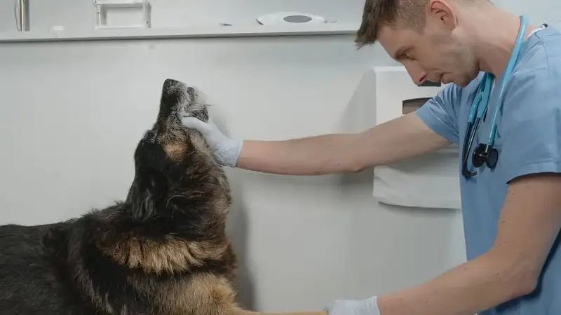 Vet in scrubs examining an Alsatian on the table