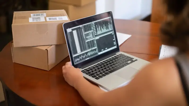 Person reviewing charts on a laptop next to parcels